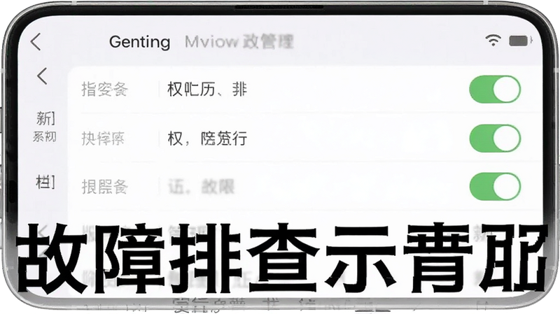 老黄历大字版故障排查示意图,主体为手机设置界面显示权限管理,布局为菜单列表,排版清晰,风格技术指导,细节包含开关状态图标,画质干净无多余元素