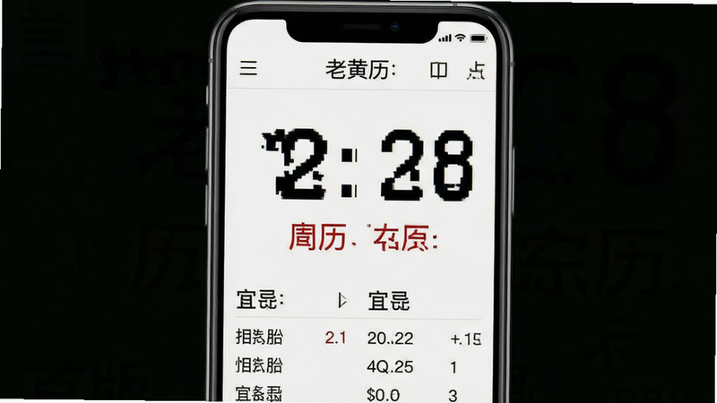 老黄历大字版APP界面截图,主体为手机屏幕显示日历视图,布局为顶部导航栏,中间为大号数字日期和农历信息,底部为宜忌列表,排版清晰整齐,风格为极简实用主义,细节包含清晰的字体渲染和高对比度背景,画质高清干净无多余元素