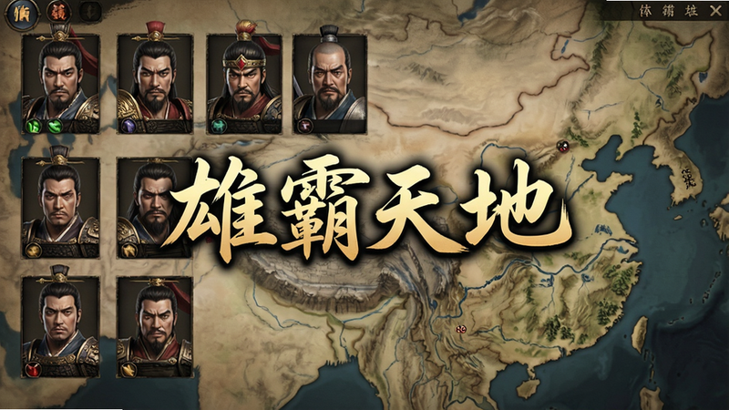 雄霸天地游戏主界面预览图,展示武将阵容与地图布局,风格为写实古风,高清画质,无多余元素,文字
