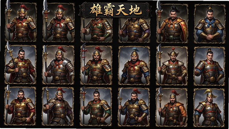 雄霸天地武将图鉴,展示多个不同风格的古代将军立绘,排列整齐,背景为深色纹理,风格为卡牌游戏,文字