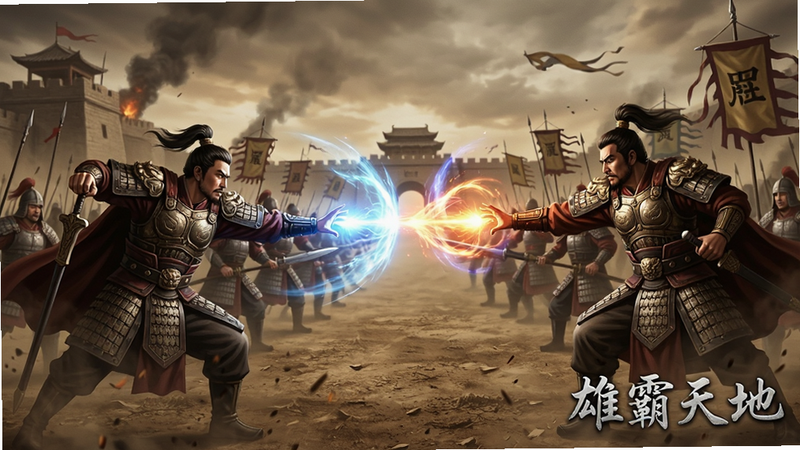 雄霸天地战斗场景,展示两军对垒,武将释放技能特效,背景为古代战场,风格为史诗级,细节丰富,文字