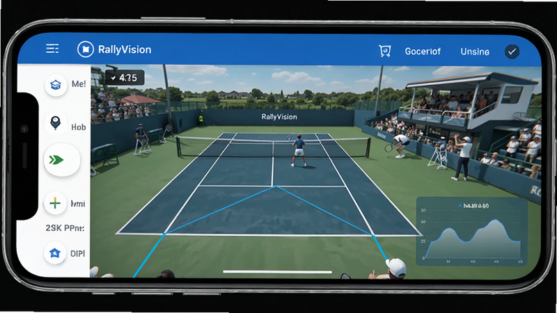 RallyVision app interface, showing a tennis court view with overlay lines and data charts, clean UI design, modern smartphone screen, blue and white color scheme, high quality 4k
