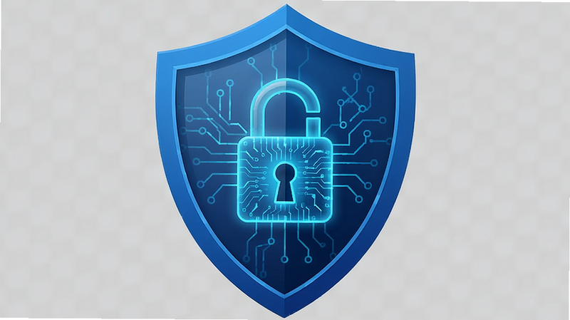RallyVision security shield icon, blue shield, digital lock, clean background, trustworthy design