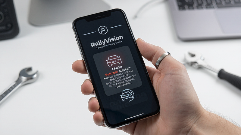 RallyVision troubleshooting guide, smartphone with error message, clean minimal design, tech support icon