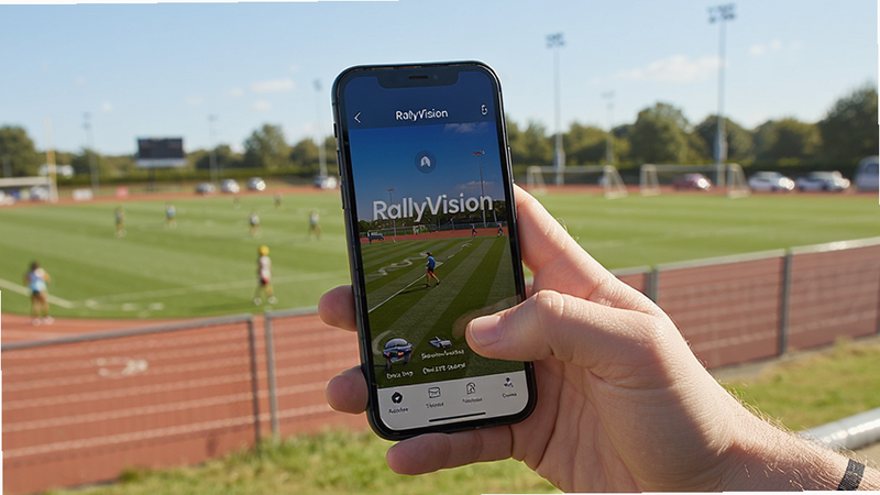 RallyVision app running outdoors, sunny day, user holding phone, sports field background, natural lighting