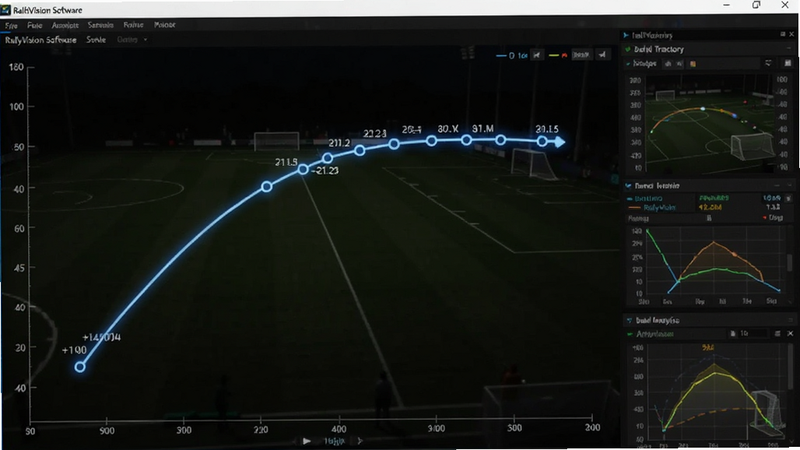 RallyVision software screenshot, showing a ball trajectory line with data points on a sports field, dark background, glowing lines, detailed analytics dashboard