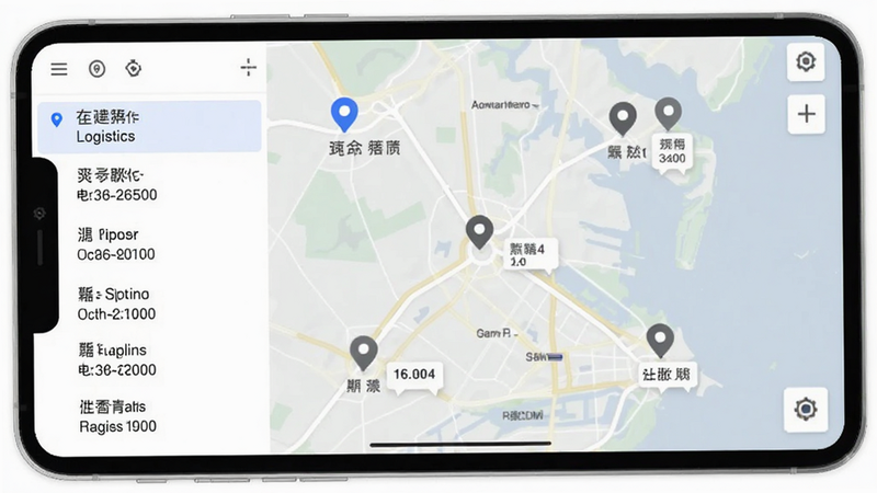 地图应用界面,显示多个物流网点图标,距离标注清晰,列表侧栏显示网点名称与电话,白色背景,极简风格