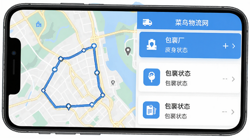 菜鸟物流网应用界面截图,手机屏幕显示地图轨迹与包裹状态列表,蓝色为主色调,白色背景,清晰图标,扁平化设计风格,高分辨率