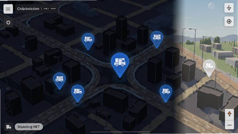 地图界面,显示蓝色标记的物流网点,周围有道路和建筑轮廓,夜间模式或日间模式均可
