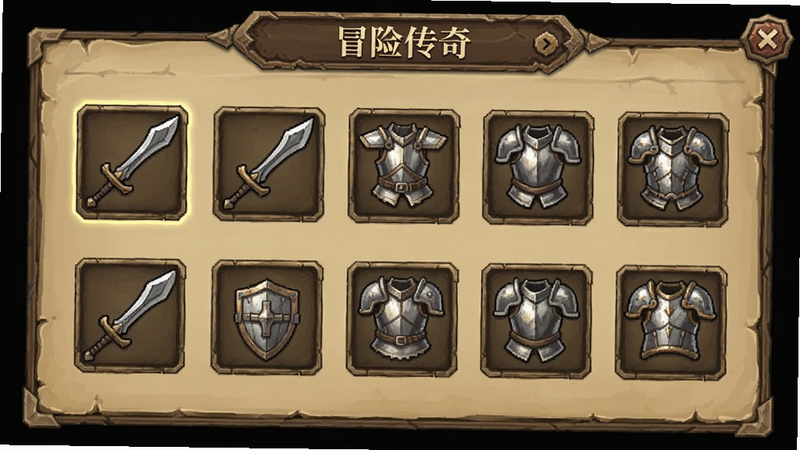冒险传奇装备背包界面,展示多种武器和防具,图标清晰,UI设计简洁