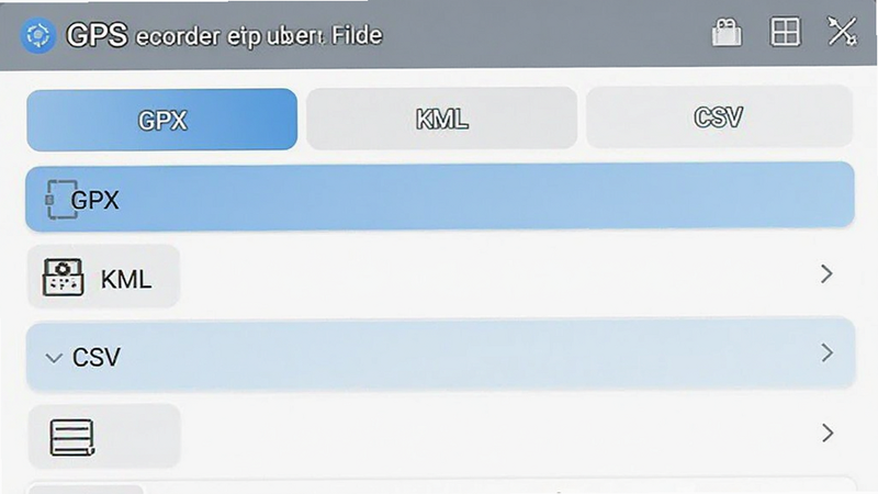 GPS��¼�������ļ��б����棬��ʾGPX, KML, CSVѡ��б��������ִ�UI��ǳɫ����