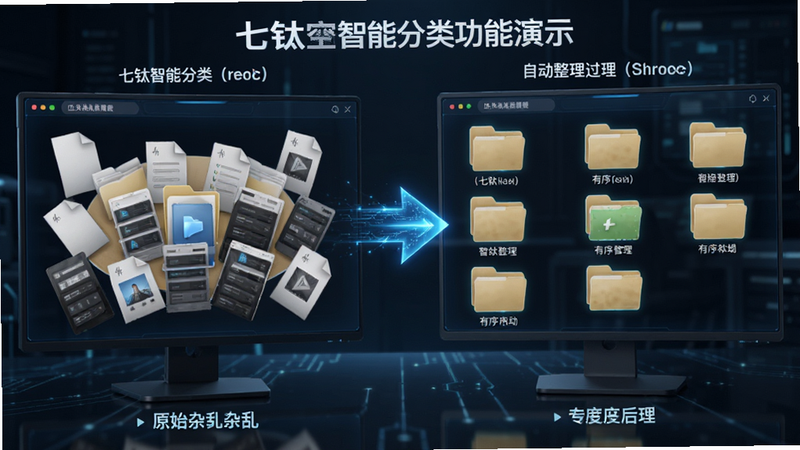 七钛空间智能分类功能演示,屏幕左侧显示原始杂乱文件,右侧显示自动整理后的有序文件夹,箭头指向整理过程,科技感风格,清晰文字标签