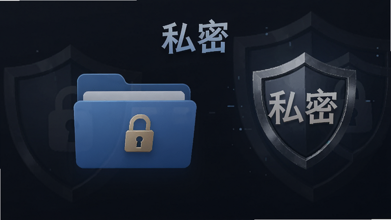 七钛空间隐私保护界面,显示带锁的文件夹图标,背景为深色安全模式,强调“私密”字样,盾牌元素