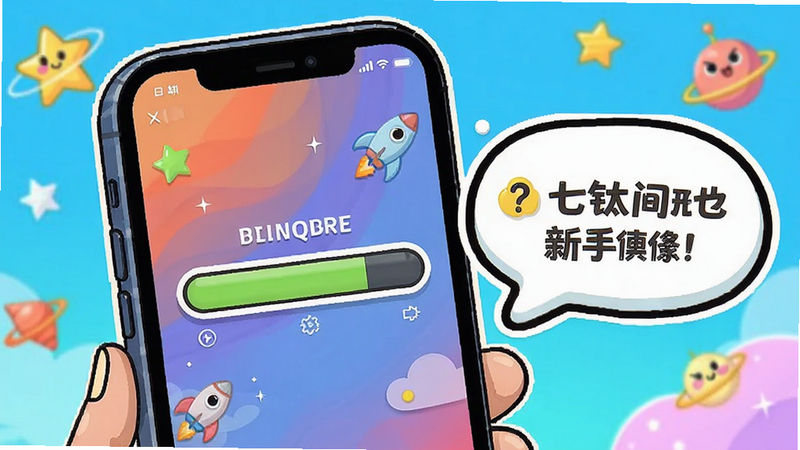 七钛空间新手使用场景,手机显示安装进度条,旁边有提示气泡,卡通风格,明亮色彩