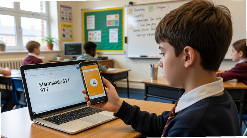 Marmalade STT being used in a classroom setting, student holding phone, text appearing on screen