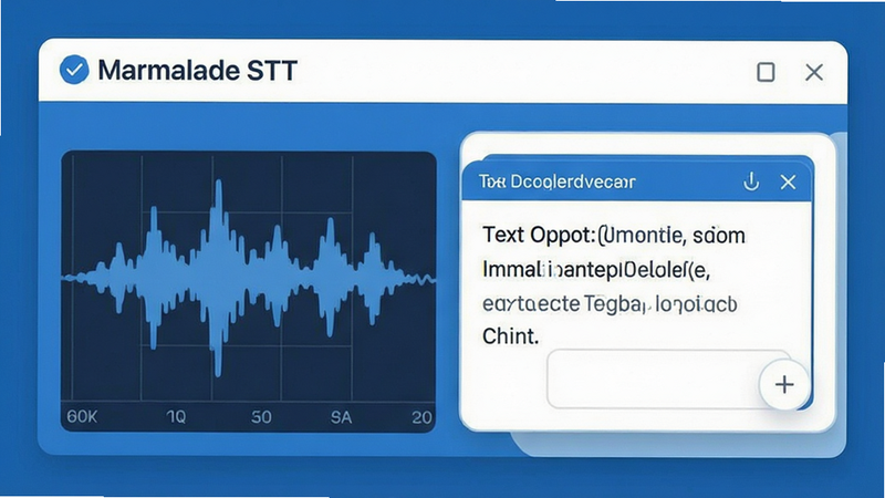 Marmalade STT interface showing waveform visualization and text output box, modern flat design, blue accent color