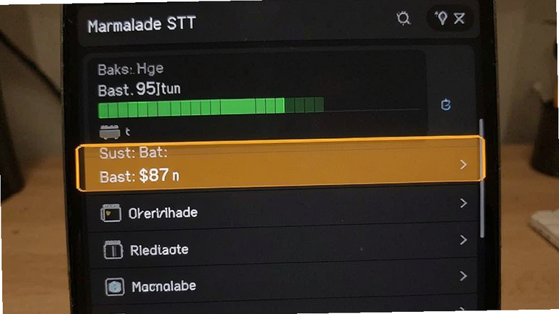 Marmalade STT settings menu with battery usage stats highlighted, clean list layout