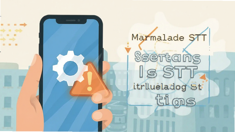 Marmalade STT troubleshooting tips illustration, smartphone with settings icon and warning symbol, flat vector style