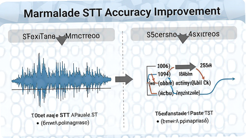 Marmalade STT accuracy improvement diagram, waveform and text comparison, clean infographic style