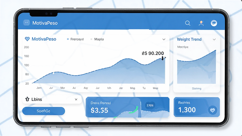 MotivaPeso app interface showing a clean dashboard with weight trend graphs, blue and white color scheme, modern flat design, high quality UI elements