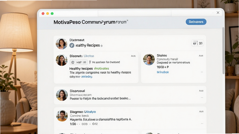 MotivaPeso community forum view with user avatars and discussion threads about healthy recipes, soft lighting, friendly atmosphere