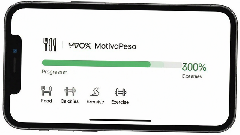 MotivaPeso user profile screen displaying a progress bar and daily calorie goals, minimalist interface with icons for food and exercise