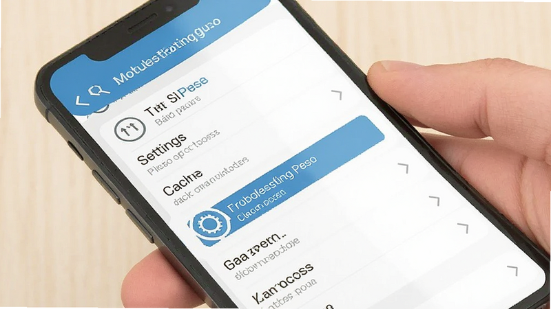 MotivaPeso troubleshooting guide on a smartphone screen showing a settings menu with cache clearing option, clean vector style