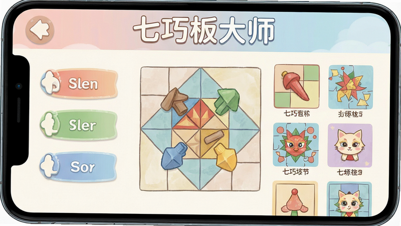 七巧板大师应用界面截图,展示游戏主菜单和拼图关卡列表,风格简洁明快,色彩柔和,包含“七巧板大师”标题文字,布局清晰,无多余元素,高清画质