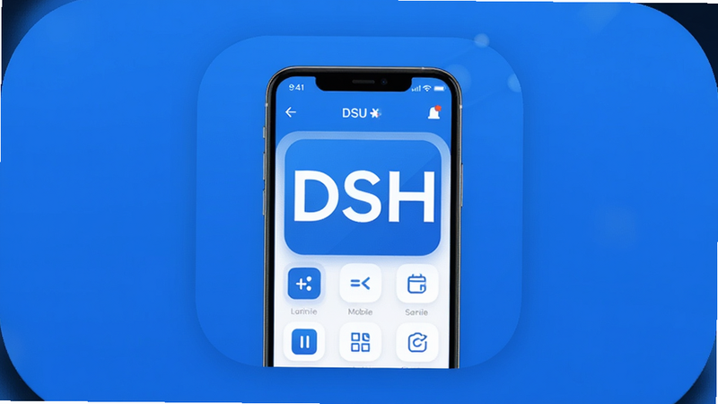 DSH Mobile app icon, minimalist design, blue and white color scheme, smartphone screen interface, clean layout, modern UI style, high quality, 4k