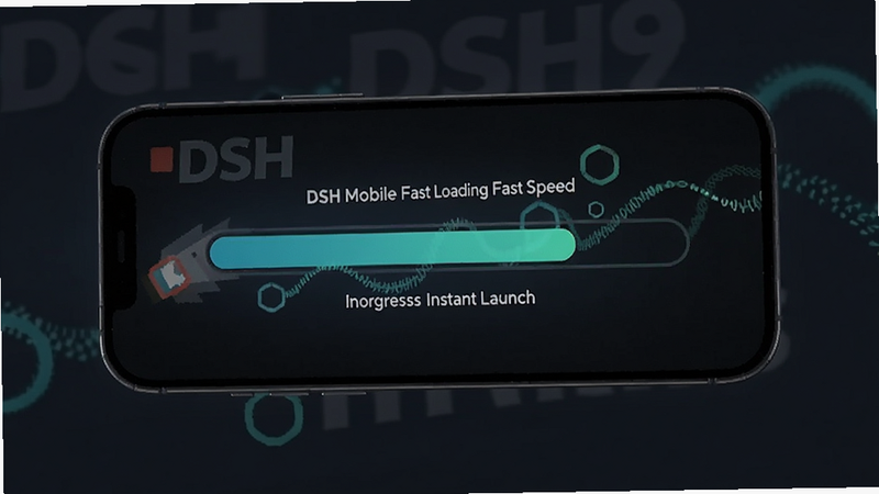 DSH Mobile fast loading speed, progress bar animation, instant launch, mobile app performance, dynamic visual, clean background