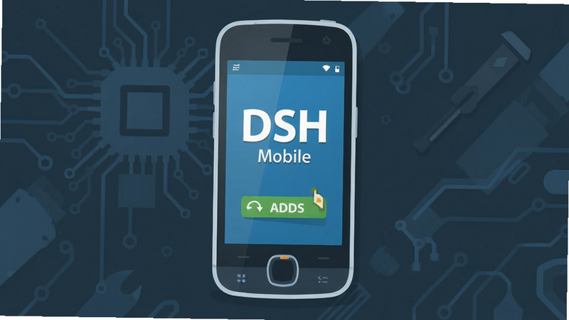 DSH Mobile running on old smartphone, low resource usage, clean interface, no ads, smooth performance, tech illustration, flat design