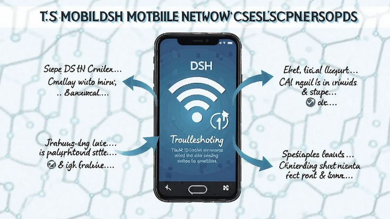 DSH Mobile network connection issue, wifi icon, troubleshooting steps, smartphone display, tech support illustration