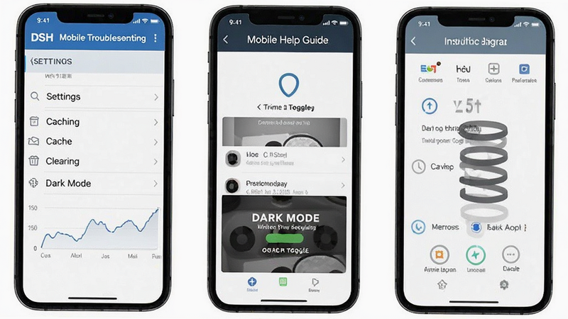DSH Mobile troubleshooting steps, settings menu, cache clearing, dark mode toggle, mobile help guide, instructional diagram