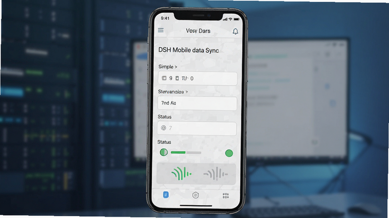 DSH Mobile data sync interface, simple form fields, status indicators, mobile UI design, light mode, professional software screenshot
