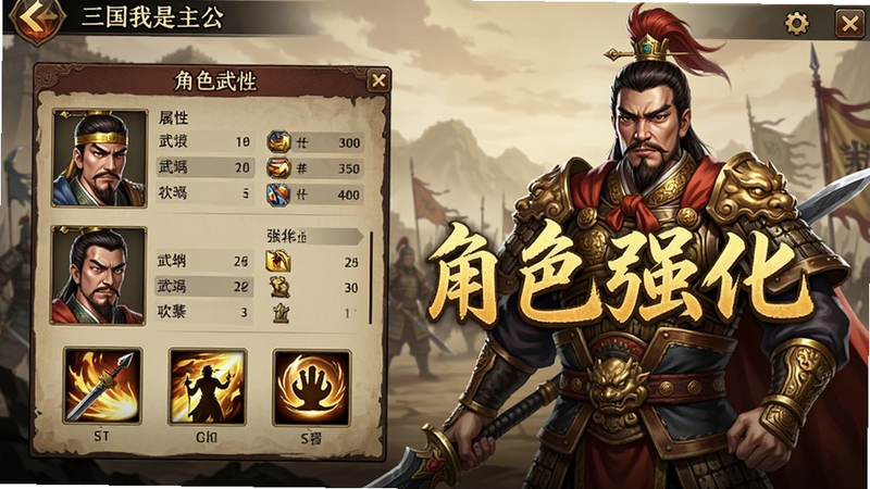 三国我是主公角色养成界面,展示武将属性面板与技能图标,背景为武将立绘,文字