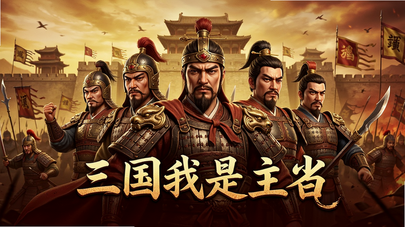 三国我是主公游戏宣传海报,中央为三国武将群像,背景为古代城池与战场,风格为写实3D渲染,色调偏暖黄与深红,文字