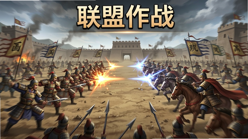 三国我是主公多人对战场景,展示两军对阵的动画效果,背景为战场,文字