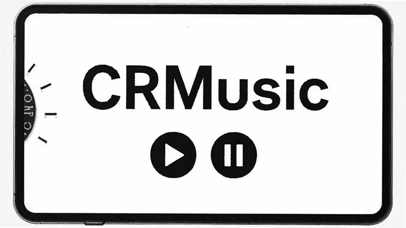 CRMusic main interface screenshot, simple white background with black text, play pause buttons, no ads visible, clean typography