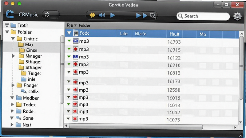 CRMusic file manager view, list of mp3 files, folder structure tree, user interface with search bar