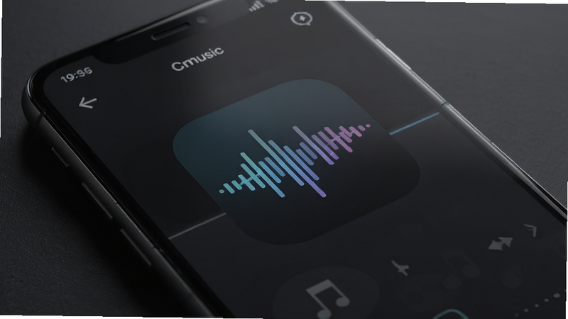 CRMusic app icon on a clean smartphone screen, minimalist design, music waveform visualizer, dark mode interface, high quality, realistic