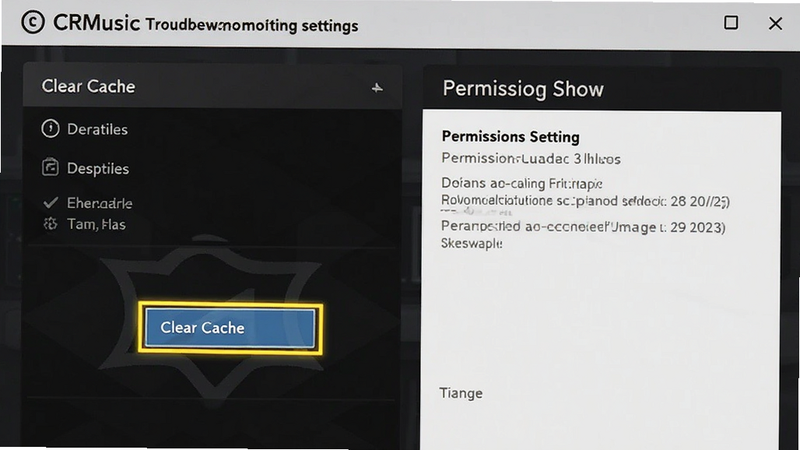 CRMusic troubleshooting settings menu, clear cache button highlighted, permissions screen