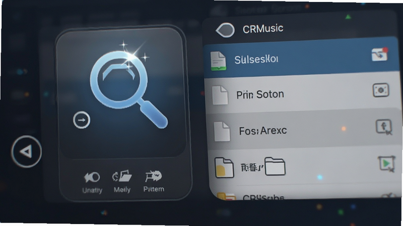 CRMusic scan button UI element, magnifying glass icon, file list view