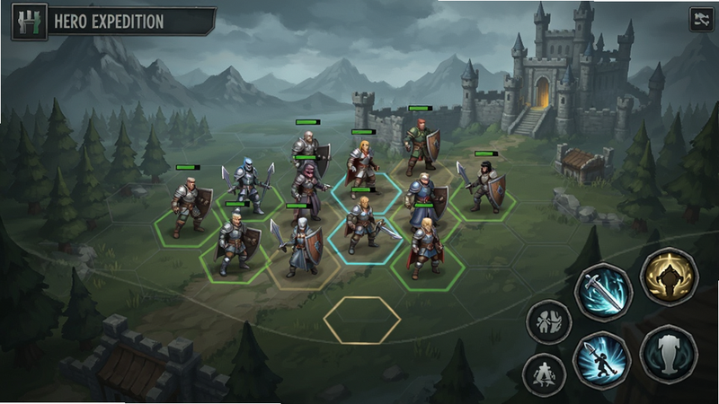 Hero and Expedition tactical battle interface, hexagonal grid, character sprites, skill icons, fantasy background, clean layout, high detail