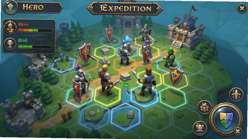 Hero and Expedition game main screen, 3D fantasy art style, colorful user interface, tactical grid map, clear UI layout, high quality, no extra elements