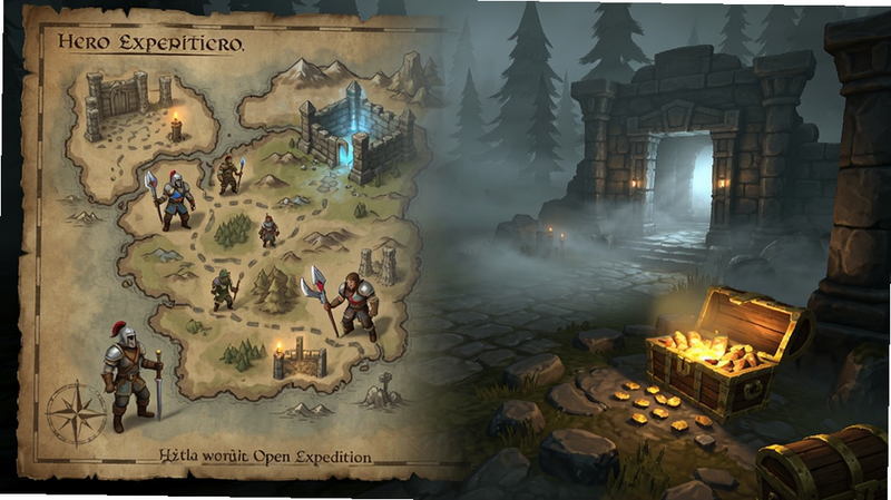 Hero and Expedition open world map, dungeon entrance, treasure chest, foggy atmosphere, realistic lighting, wide angle shot