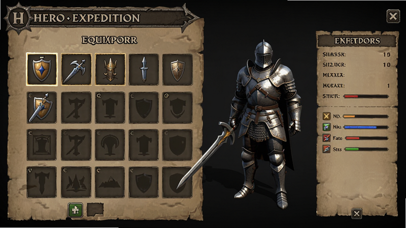 Hero and Expedition character inventory screen, equipment slots, stats panel, 3D model of a knight, dark fantasy theme, clean UI