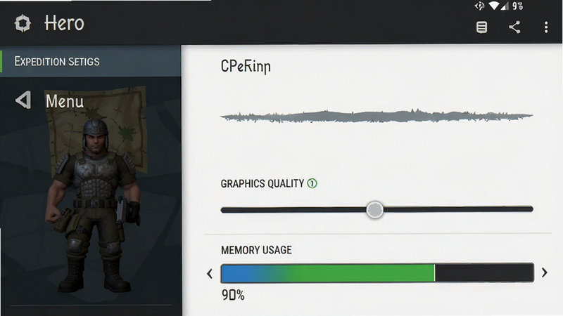 Hero and Expedition settings menu, graphics quality slider, memory usage bar, clean interface, android style