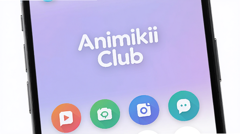 һ��չʾAnimikii ClubӦ����������ֻ���Ļ��ͼ������Ϊ��͵ĵ���ɫ���䣬������ʾ�����ġ�Animikii Club����ɫLogo���·������ż���ɫ�����޵�Բ�ι���ͼ�꣬�������ִ�����ࡢ�Ƽ���ǿ���߷ֱ��ʣ��޶���Ԫ��