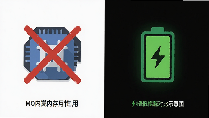 MO视觉小说引擎性能对比示意图,左侧显示高内存占用图标被划掉,右侧显示绿色低能耗电池图标,简洁扁平风格,科技感