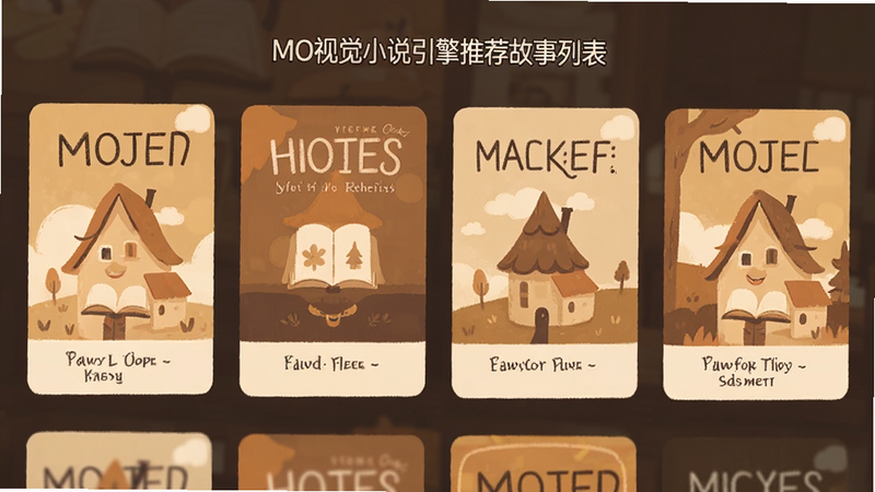 MO视觉小说引擎推荐故事列表,显示几本书籍封面风格卡片,温暖色调,扁平设计
